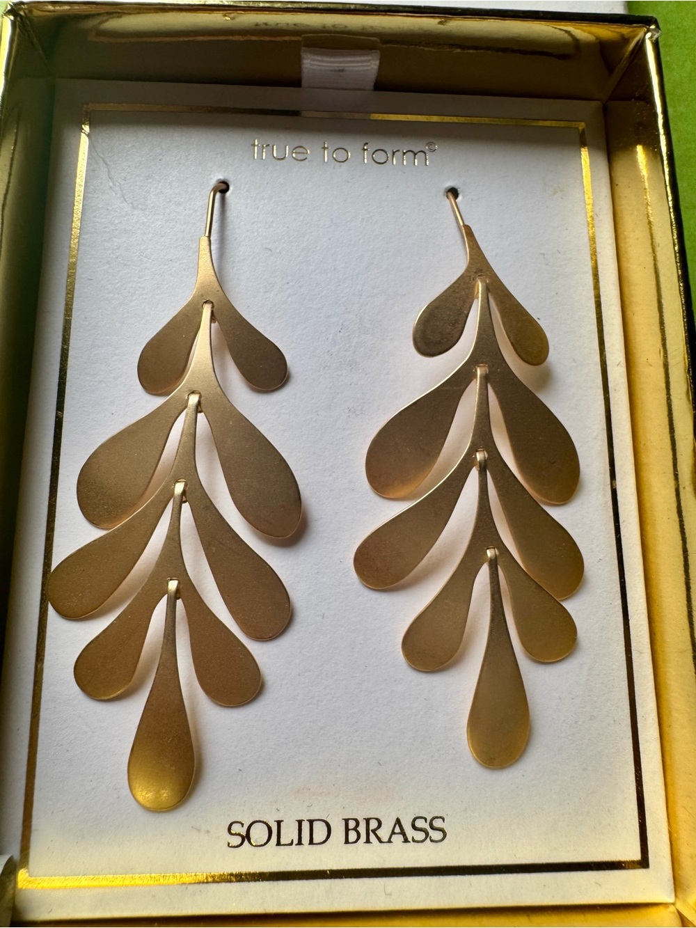 True to Form Solid Brass Leaf Drop Earrings - Gold Tones NIB